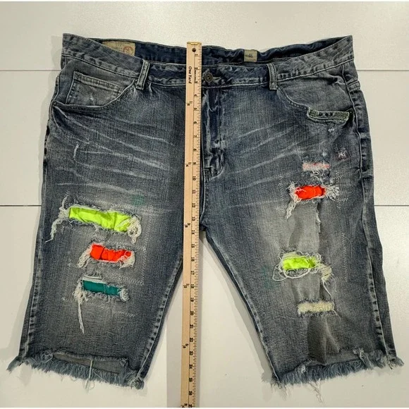 SMOKE RISE Denim Shorts Men Size 46 Distressed Neon Patch Frayed Hem 100 - Picture 8 of 12